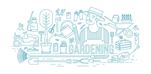 Gardener watering tree growing in pot surrounded by gardening and agricultural equipment, tools, garden plants drawn with blue contour lines on white background. Vector illustration in lineart style. © Good Studio