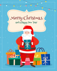 Santa Claus with christmas gift and winter landscape.