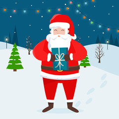Santa Claus with christmas gift and winter landscape.