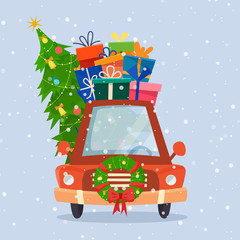 Naklejka premium Chrismas car with gifts, tree and decorations.
