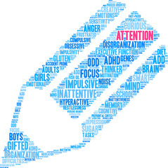 Attention ADHD Word Cloud on a white background. 