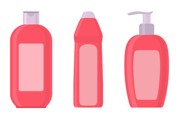 Set of cosmetic bottles in flat style. Soap, shampoo, lotion pink bottles. Vector illustration.