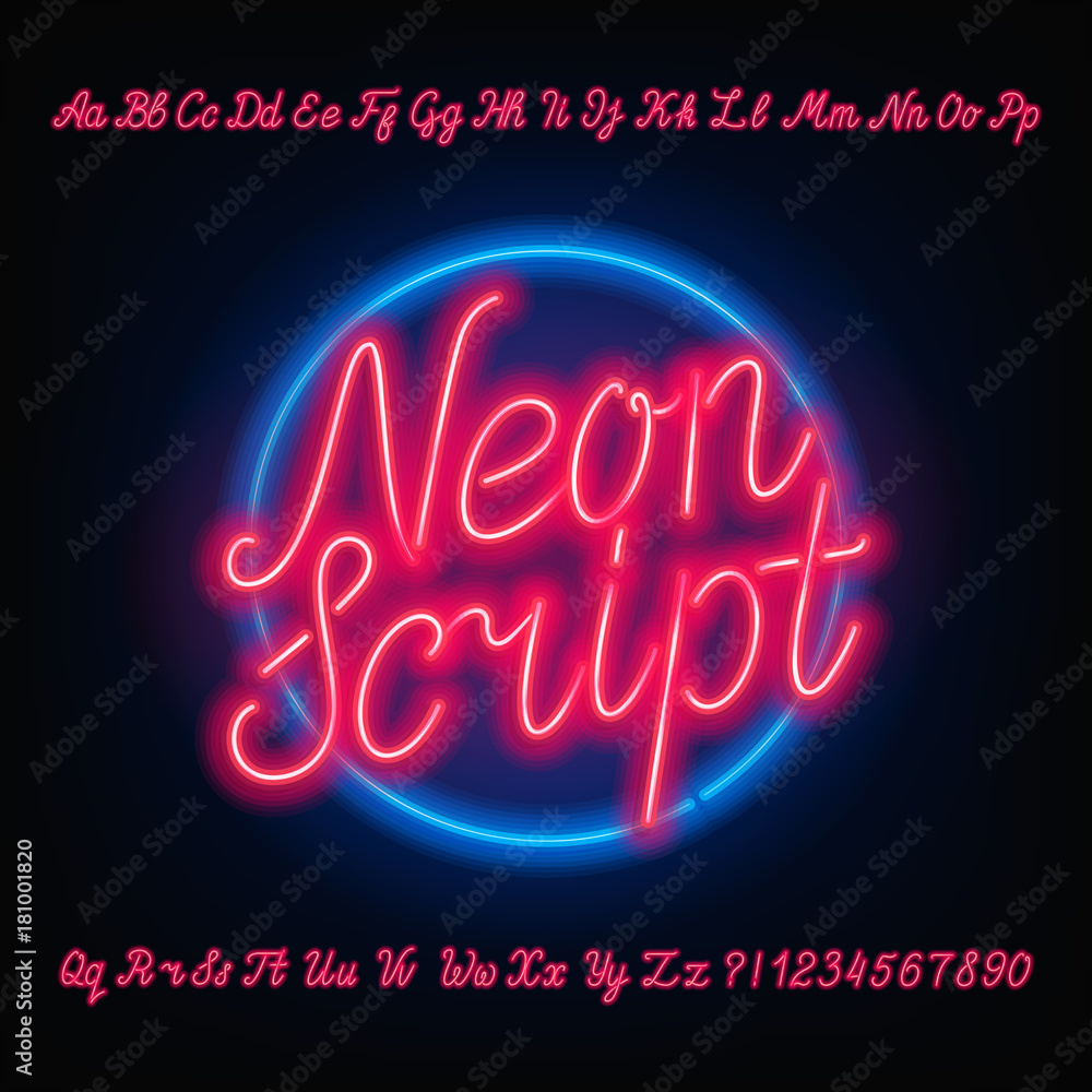 Poster neon script alphabet font. red neon uppercase and lowercase letters and numbers. hand drawn vector t