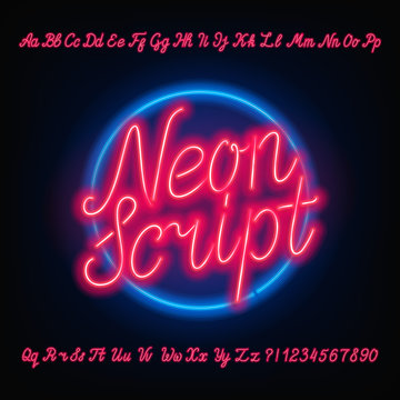 Neon script alphabet font. Red neon uppercase and lowercase letters and numbers. Hand drawn vector typeface for your headers or any typography design.