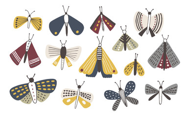 Set of dark colored doodle moths isolated on white background. Nights butterflies hand drawn collection. Colorful vector illustration.