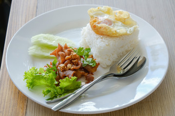 Pork fried rice, garlic, pepper and egg on white plate