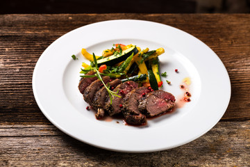 Fine dining, roasted steaks with vegetable