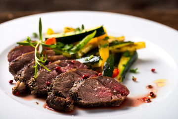 Fine dining, roasted steaks with vegetable