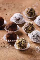 Variety of homemade dark chocolate truffles with cocoa powder, coconut, walnuts over cocoa powder as background. Close up, copy space.