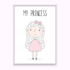 My princess card. Cute hand drawn with cute little princess . rintable template