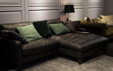 Modern living room with black couch and green pillows and lamp