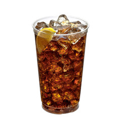 Cola glass with crushed ice and lemon in tall or big disposable takeaway cup isolated on white...