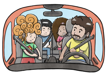 Father and three children inside a car using safety belts and preparing to drive