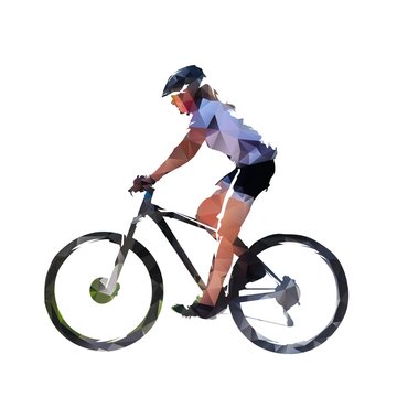 Woman riding mountain bike, low poly isolated vector illustration. Mountain bike cycling