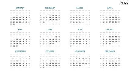 Calendar infographic, table chart, presentation chart. Business period concept. Task manager. Week, month. 2022 year. Time management. Organizer date diary. First day Sunday.