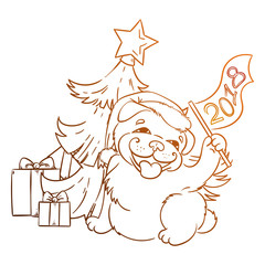 Yellow dog for New Year 2018, cute symbol of horoscope. Cute puppy in cartoon doodle style.