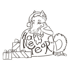 Yellow dog for New Year 2018, cute symbol of horoscope. Cute puppy in cartoon doodle style.