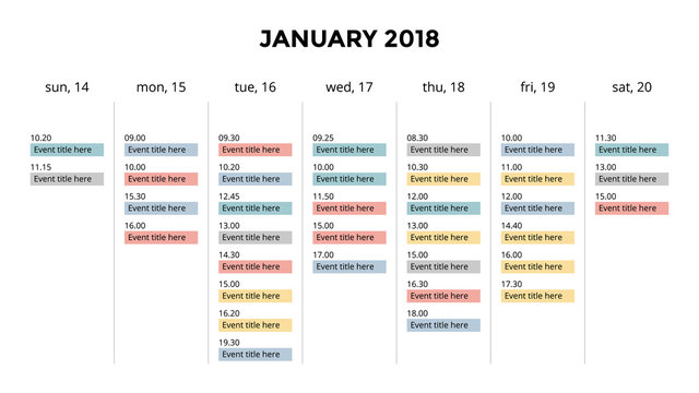 Calendar infographic, table chart, presentation chart. Business period concept. Task manager. Day, week, month. 2018 year. Time management. Organizer date diary. First day Sunday.