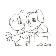 Funny cartoon card with dog and rooster. Symbols of 2017 and 2018. Happy New Year illustration