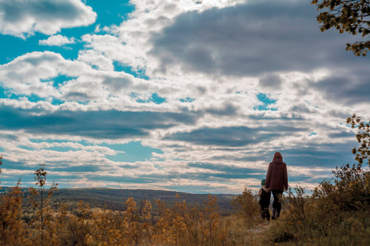Mother and child walking, Ural, Bashkortostan, Russia