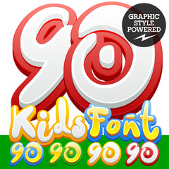 Vector hand written funny Alphabet set of sticker Children font. Different graphic style. Number 9 0