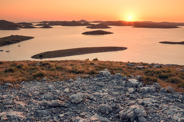 View over the Kornati national park in Croatia during the sunset