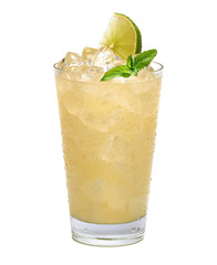Lemonade with ice and sliced lemon in big tall glass isolated on white background