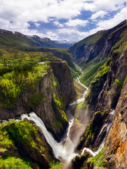 Fototapeta na wymiar View from the top of Mabodalen of the famous Voringsfossen waterfall, in Hordaland, Norway