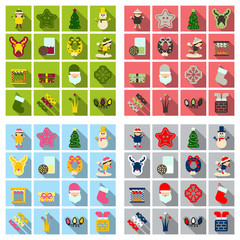 Set of winter New Year and Christmas icons in flat style with shadow