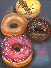 Donuts on artistic dark gray background in impressionistic style, original oil painting on canvas