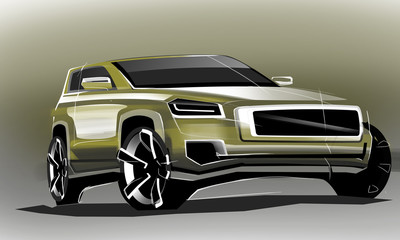 Obraz na płótnie Canvas Design sporty exterior car is drawing brush color painting. Vehicle is dynamics and type off road. Sketch is sketched with lights lines and luxurious curves.