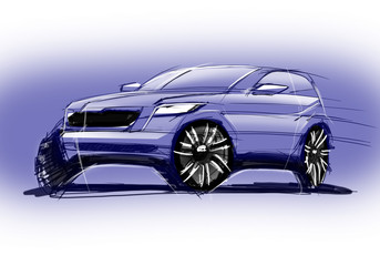Fototapeta na wymiar Design exterior dynamics sporty car is drawing brush color painting. Vehicle is off road sketch lights lines and in the luxurious curves.
