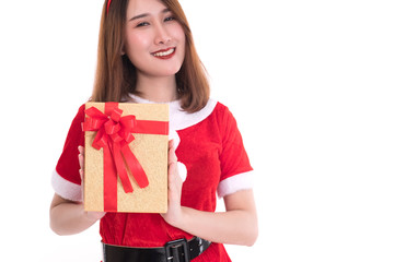 happy woman wearing santa claus dress hold christmas gift