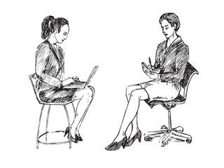 Businesswomen sitting opposite each other on chairs, one working with laptop and another writing in notepad,  hand drawn doodle sketch, black and white vector illustration