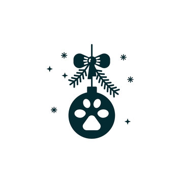 Christmas ball decorated with dog footstep, pine branches and bow. New Year decoration object - black silhouette of hanging tree bauble on isolated backgound. Vector illustration in material design.