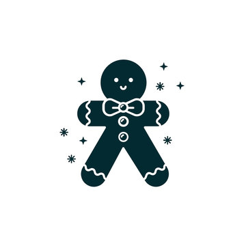 Gingerbread Man Black Silhouette Icon On Isolated Background. Vector Illustration Of Bisquit For Seasonal Holidays. Christmas Character Design - Ginger Bread Cookie With Smiley Face.