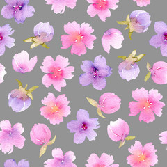 Floral seamless pattern with watercolor pink and purple flowers, hand painted isolated on a grey background