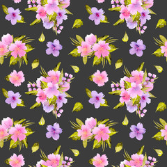 Watercolor pink, purple flowers and green leaves bouquets seamless pattern, hand painted isolated on a dark background