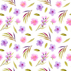 Watercolor pink, purple wildflowers and green leaves seamless pattern, hand painted isolated on a white background