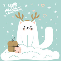Cartoon, cute, white Christmas cat with a deer hat with gifts. Merry Christmas. Vector illustration.