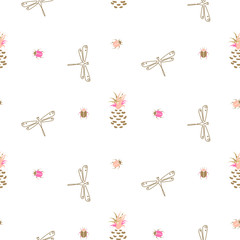 Fototapety  Gold outline dragonfly and pineapple seamless pattern. Trendy glam wallpaper texture vector with insects on white.