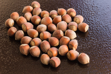 a handful of hazelnuts in shell on the table