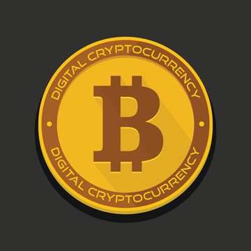 Cartoon golden bitcoin coin vector illustration for fintech net banking and blockchain concept. Golden bitcoin money, internet finance coin with shadow