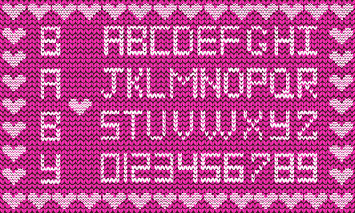 Baby fabric script for girl. Cute knitted abc alphabet, knitting pattern, girl purple fabric background framed with little hearts. Useful for cards, invitations, design. 