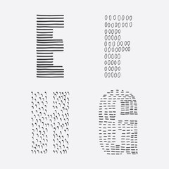 Vector educational set with hand drawn letters sequence from E to G decorated with ink textures