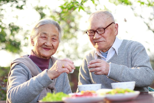happy senior asian couple having meal outdoor in the yard