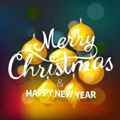Merry christmas and happy new year greeting card. Vector illustration with golden baubles
