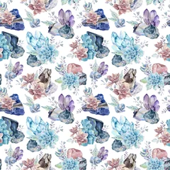 Wallpaper murals Gothic Watercolor gemstones and succulents seamless pattern.