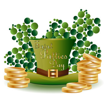 St. Patrick's card with two green leaf clover consisting of circles, a green hat and piles of gold coins, Inscription - Saint Patties Day