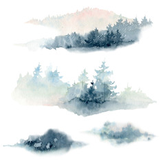 Artwork. Background painted with watercolor. Wild nature, frozen, misty, taiga.